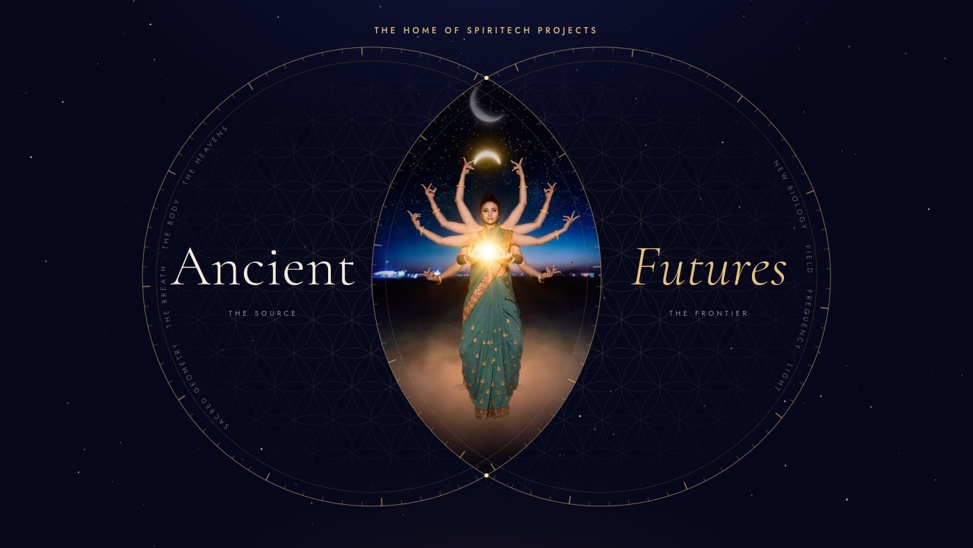 The Ancient Futures home page: two overlapping gold circles on a deep blue star field, the words Ancient and Futures on either side and a many-armed figure holding a light in the overlap.