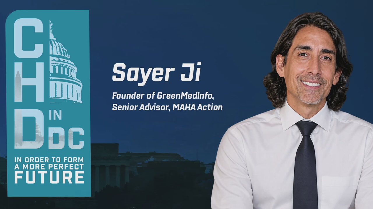 Title card for the talk: CHD in DC, In Order to Form a More Perfect Future. Sayer Ji, Founder of GreenMedInfo, Senior Advisor, MAHA Action.