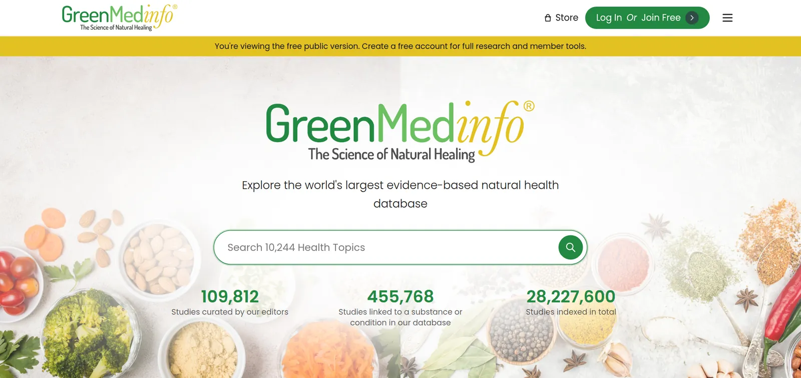 The GreenMedInfo home page, showing counters for studies curated, linked and indexed.