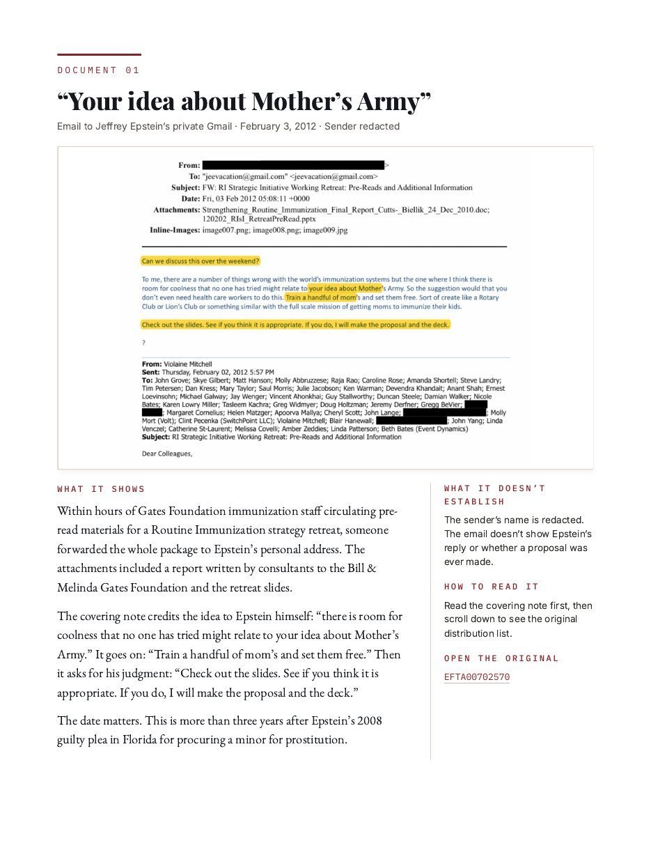 Guide page for Document 01, an email to Jeffrey Epstein’s private account dated February 3, 2012, with columns for what it shows and what it does not establish.