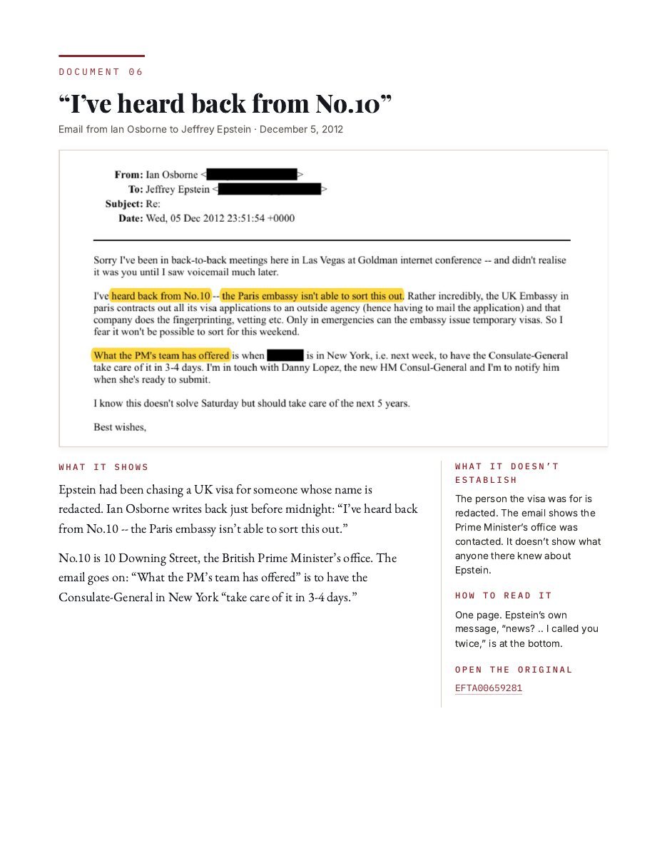 Guide page for Document 06, an email from Ian Osborne to Jeffrey Epstein dated December 5, 2012, with the same two-column treatment.