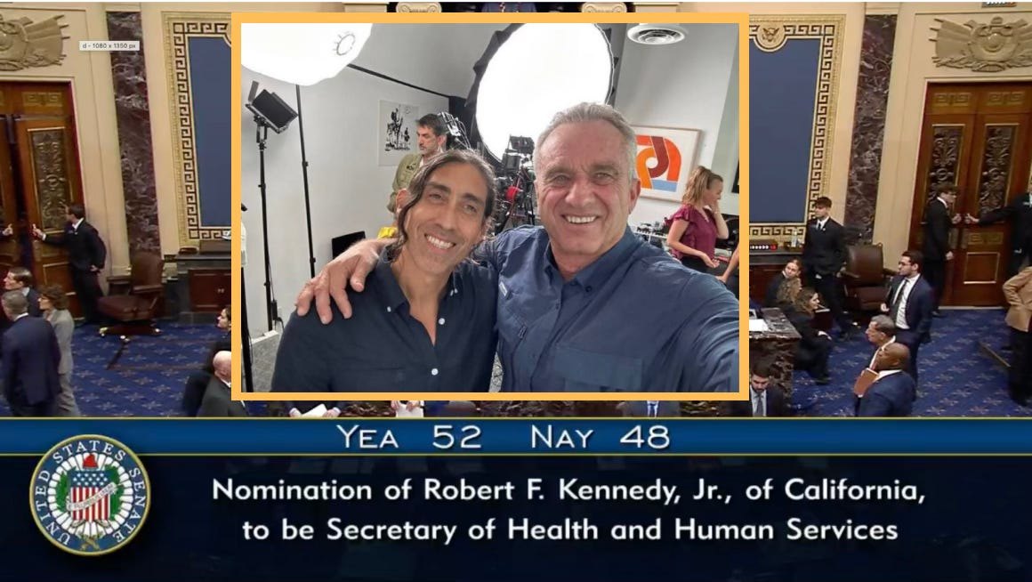 Senate floor broadcast graphic reading Yea 52, Nay 48, Nomination of Robert F. Kennedy, Jr., of California, to be Secretary of Health and Human Services, with an inset photograph of Sayer Ji and Kennedy smiling, Kennedy&rsquo;s arm around Ji&rsquo;s shoulder.