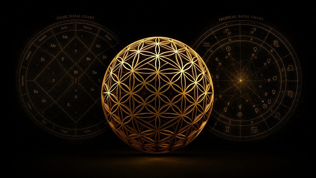 A golden sphere of interlocking circles, the Flower of Life, between a Vedic natal chart and a tropical natal chart on a black ground.